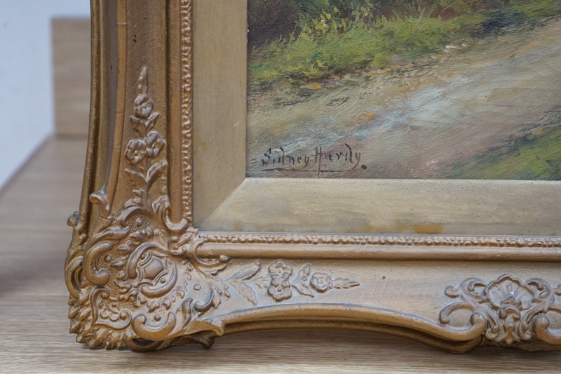 Sidney Hardy (19th. C), oil on canvas, Mother and child before a cottage, signed, 43 x 28cm, ornate gilt frame. Condition - fair to good